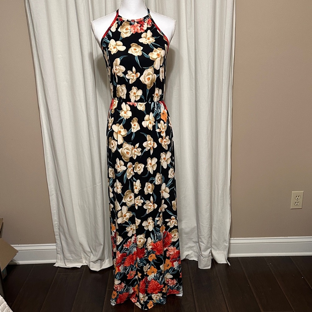 French Grey Black Floral Halter Maxi Dress with Cream and Red Accents